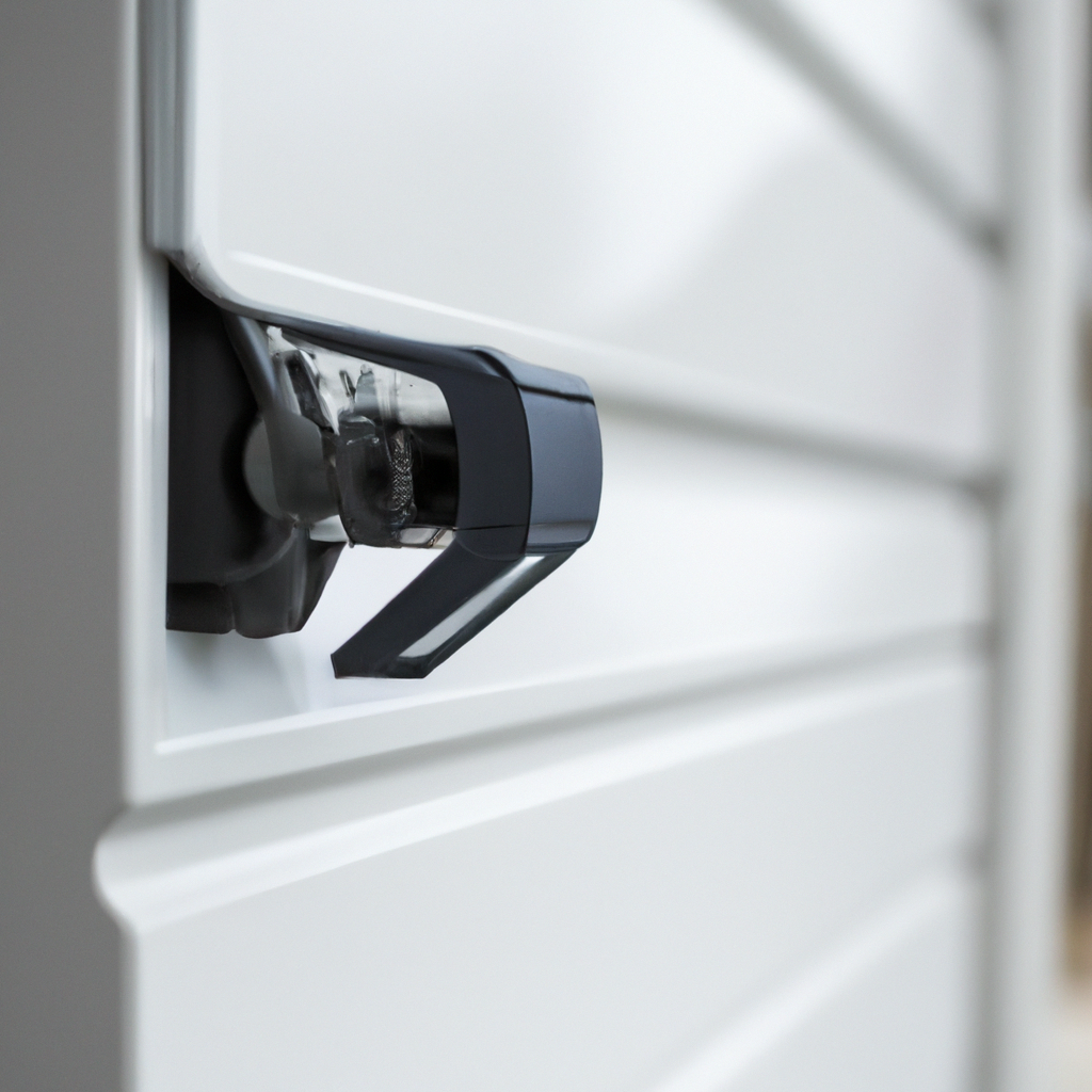 Close-up of an automatic lock mechanism on a modern residential garage door.