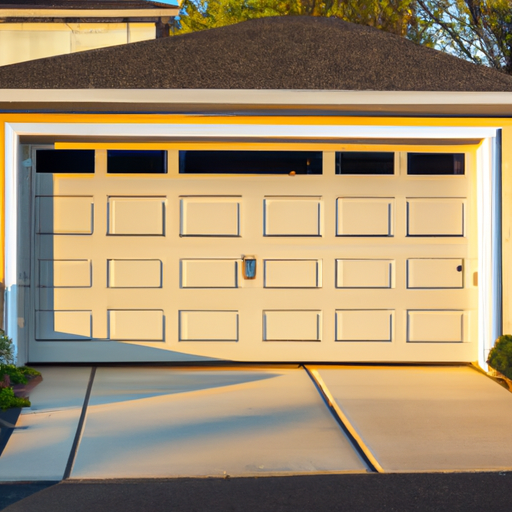 Suburban Clinton, NJ garage exterior with a modern sectional garage door closed at golden hour