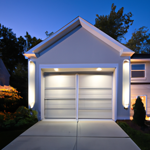 Residential garage in Clinton, NJ at dusk with a modern sectional garage door and smart keypad, exterior lighting visible.