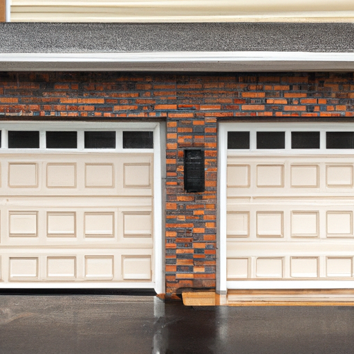 Residential garage door on a suburban Clinton, NJ home, full view, overcast daylight, wet pavement.