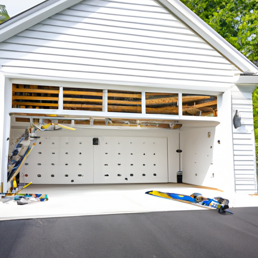 Suburban Clinton, NJ house with a modern insulated garage door partially raised during installation; tools and ladder visible, no people.