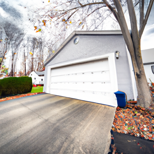 Modern insulated garage door on a suburban home in Clinton, NJ in late fall; driveway and trim visible.