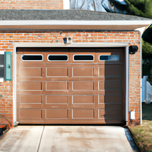 Residential sectional garage door on a brick Clinton, NJ home with visible tracks and weatherstripping, morning light.
