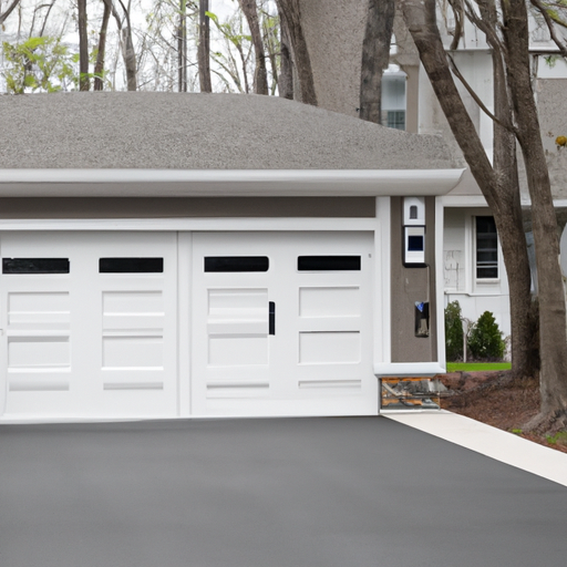 Clinton, NJ suburban garage with a modern smart garage door system and keypad, driveway and neighborhood in view.